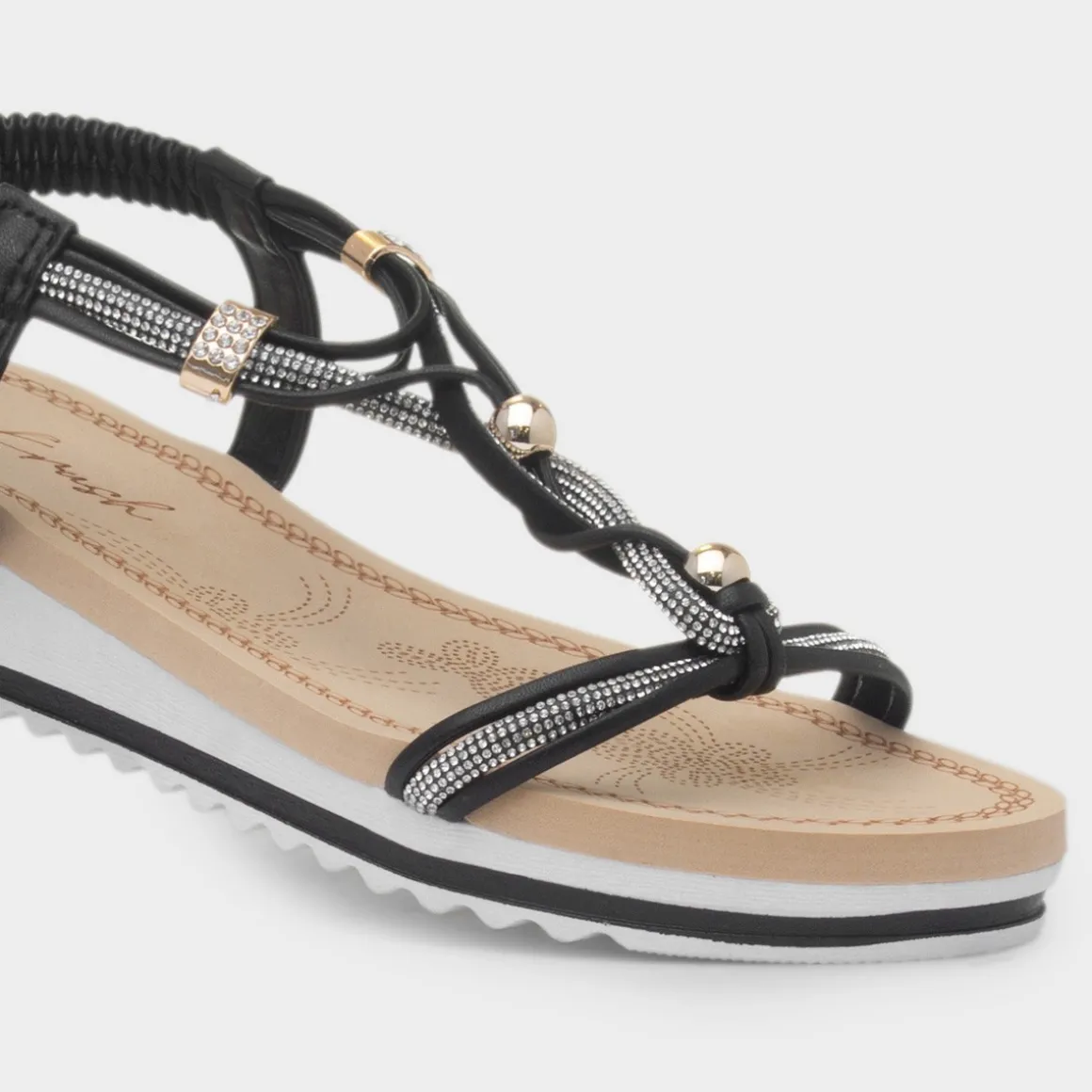 Krush Ciara Womens Black Wedge Diamante Sandal