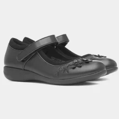 Walkright Ivette Girls Black Flower School Shoe